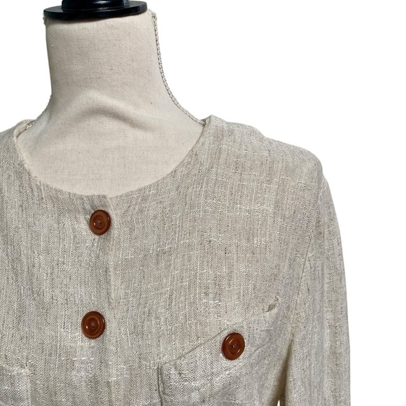 Peri Petites Flax Blend Button Front Midi Dress Beige Linen Look Made in USA M - Picture 2 of 15